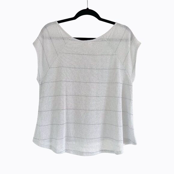 One Clothing Sheer Metallic Top SzM/L Silver Shimmer Stripe Short Sleeve 90s Y2K - Picture 2 of 6